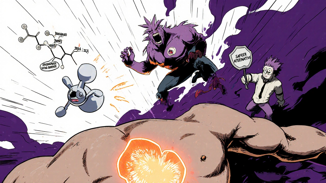 A surreal medical battle scene where a steroid molecule is defended against inhibitors, with a safer alternative arriving as a hero.