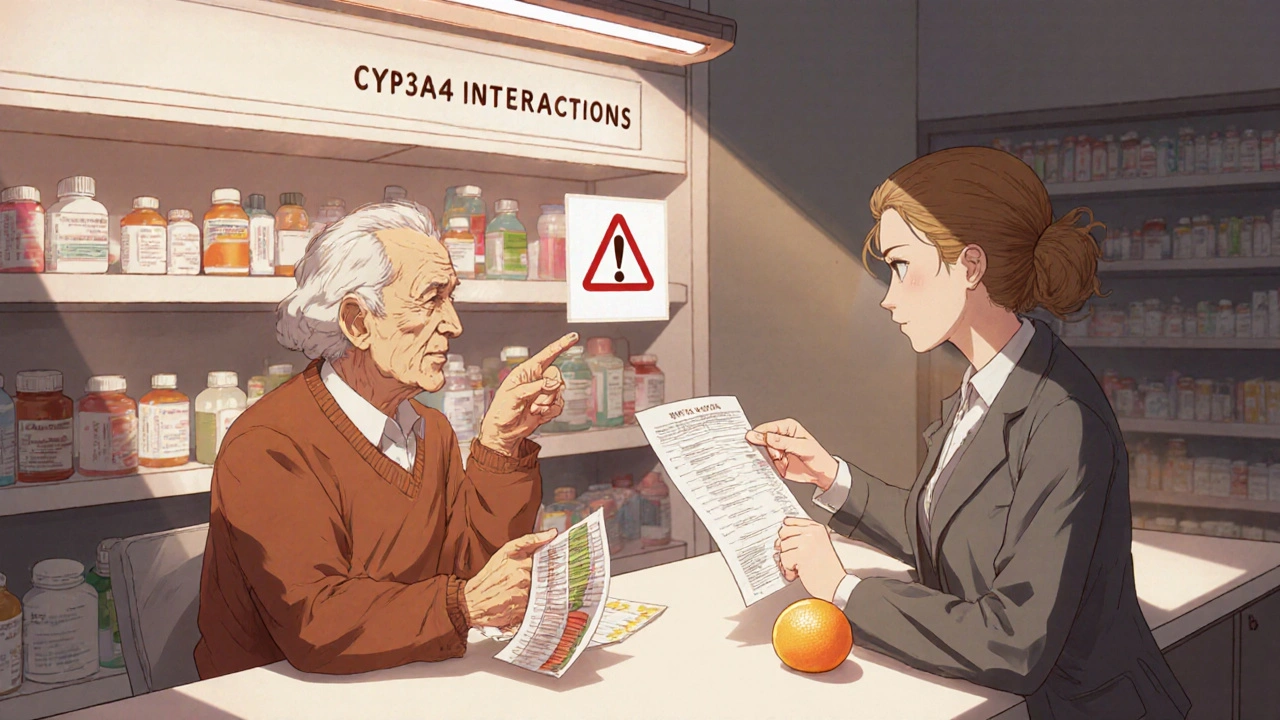 An elderly patient at a pharmacy holding a grapefruit and medication list, with a pharmacist pointing to interaction warnings.