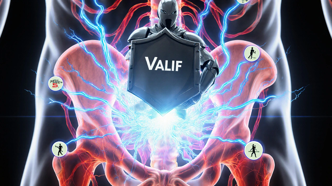 Anime view of penile blood flow showing Valif blocking PDE5 enzyme with glowing cGMP.