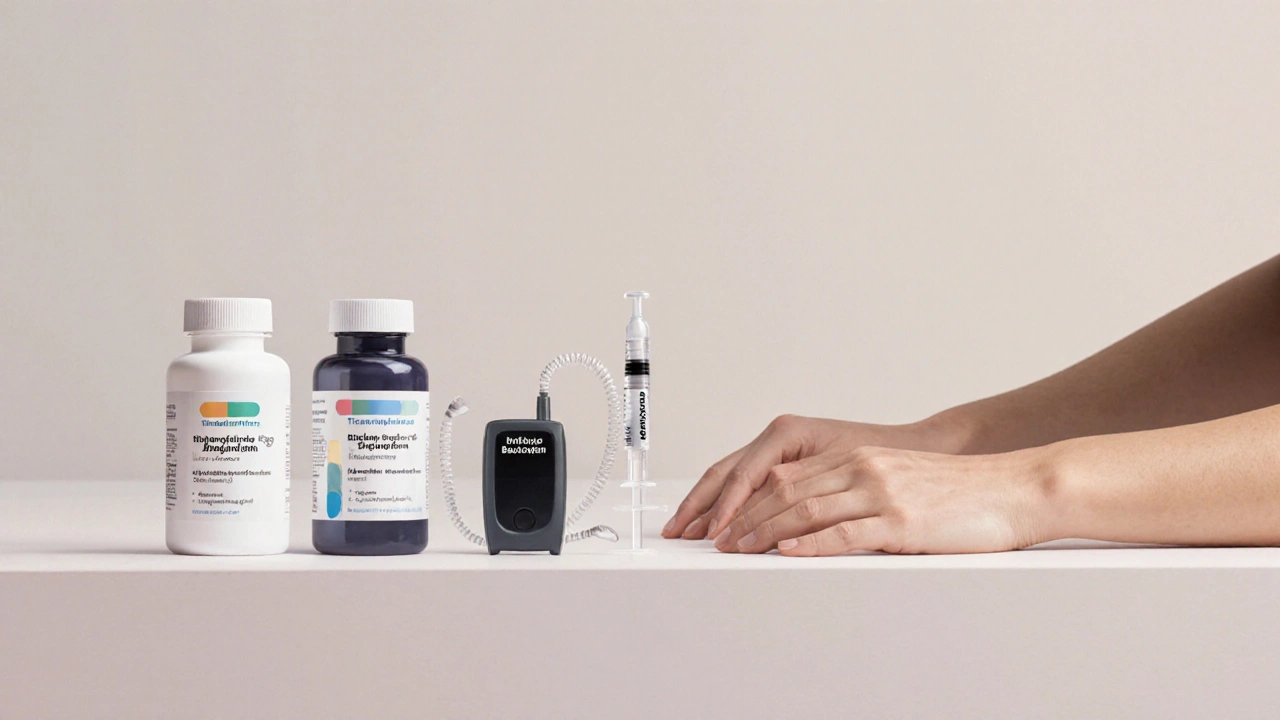 Array of spasticity treatments—pills, Botox syringe, pump, therapist—displayed on a table.