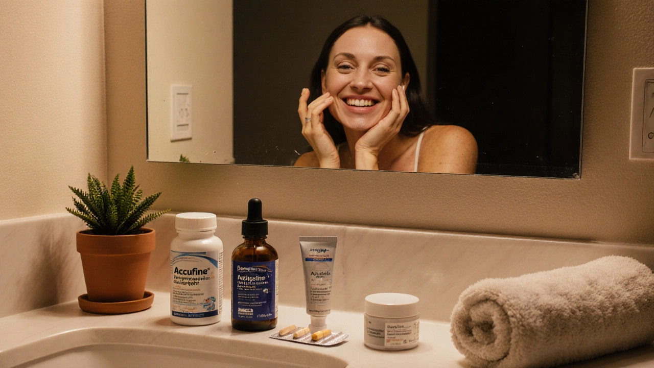 Bathroom vanity displaying various acne treatments with a woman reflecting clear skin in the mirror.