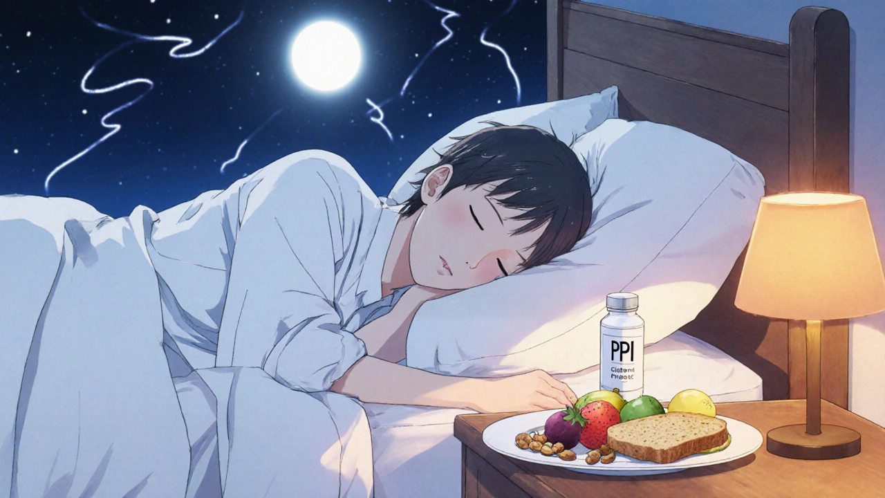 Bedroom scene showing elevated head, PPI bottle, and gluten‑free meals.