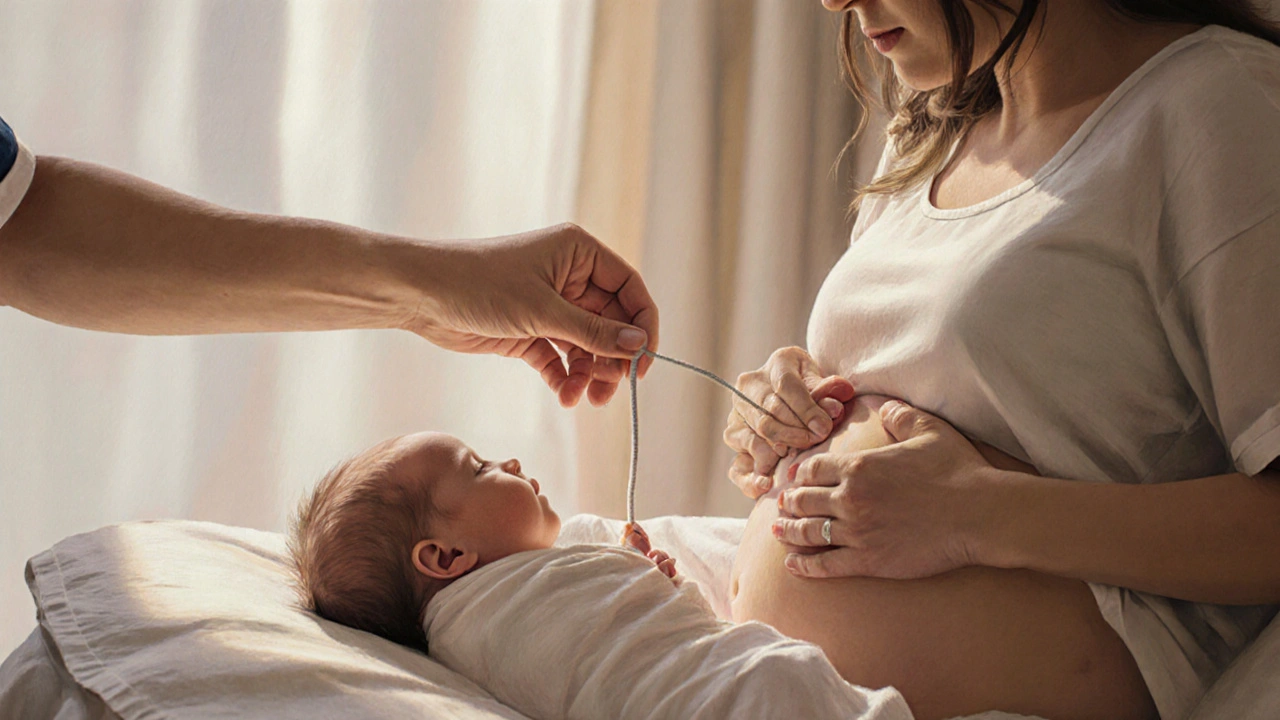 Caregiver assisting placenta delivery by pulling cord and massaging abdomen.