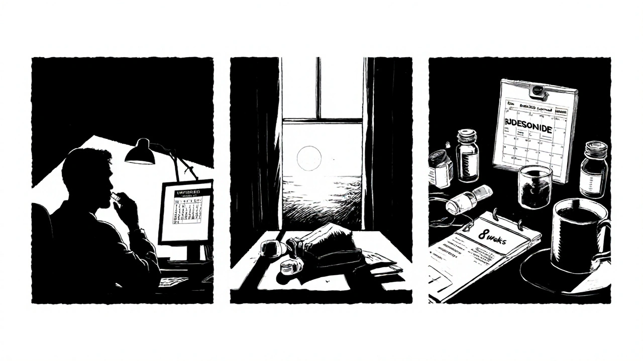 Comic sequence showing doctor consultation, patient taking capsule, and 8‑week check‑up.