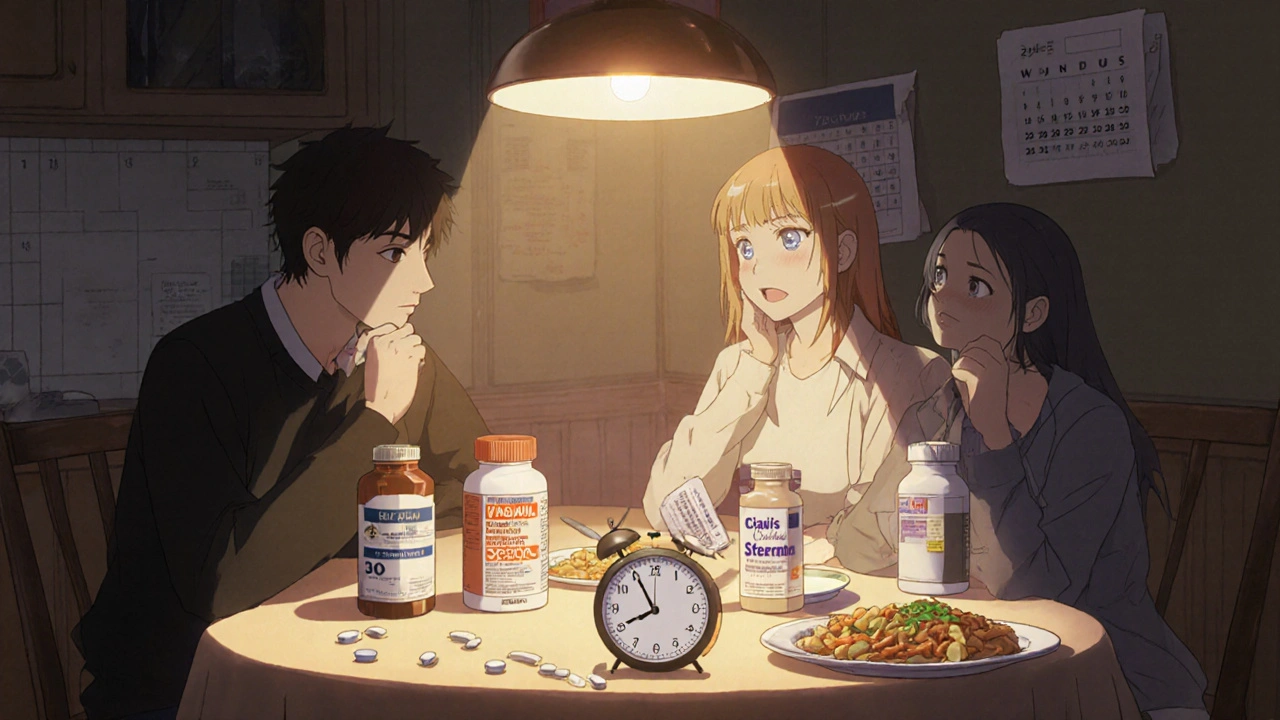 Couple at kitchen table reviewing pills, price tags, a clock, and a high‑fat meal.
