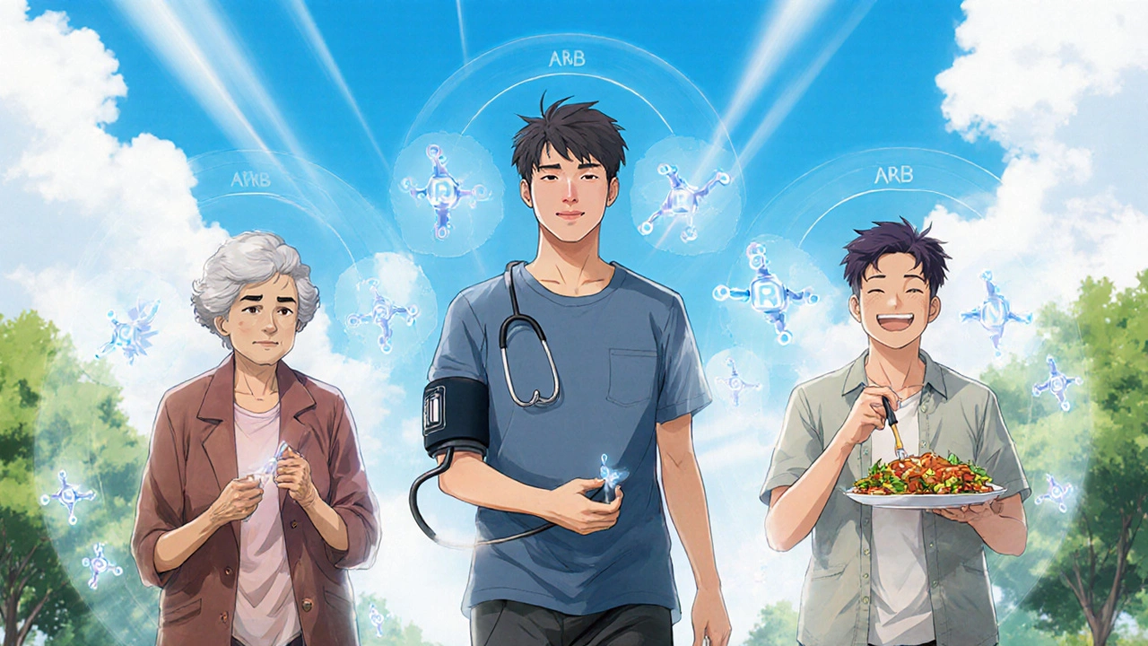 Diverse patients thriving with valsartan, surrounded by protective molecular halos under a hopeful sunrise.