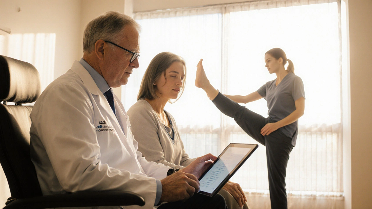 Doctor and patient discussing plan while therapist guides stretches in a bright clinic room.