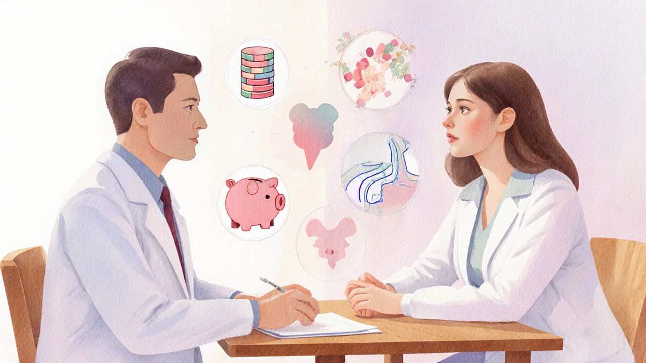 Doctor and patient discussing treatment, with floating icons for dose, cost, pregnancy, and resistance.