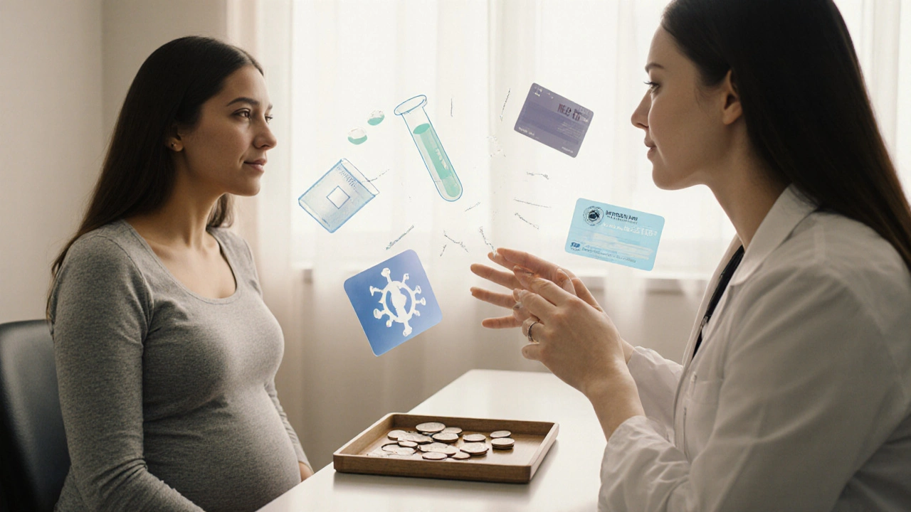 Doctor counseling a pregnant woman with pill capsules and coins, illustrating treatment choice.