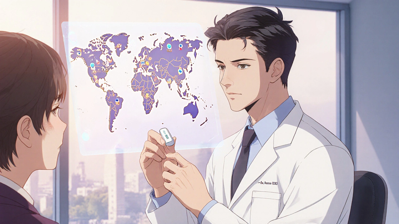 Doctor showing extended‑release tablet to patient with holographic stewardship map.