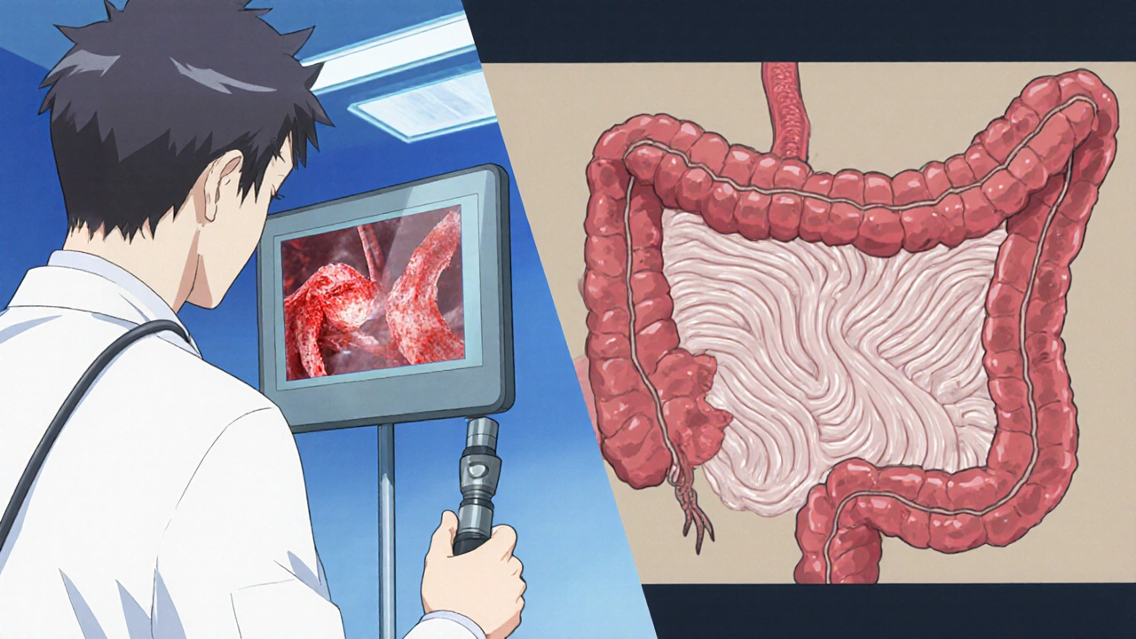 Doctor viewing esophageal ulcers and flattened duodenal villi on split screen.