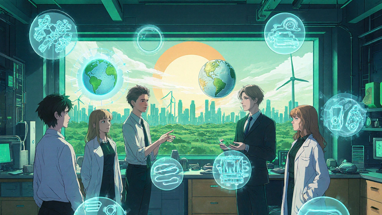 Future lab scene with researchers handling AI, gene‑editing holograms and sustainability data.