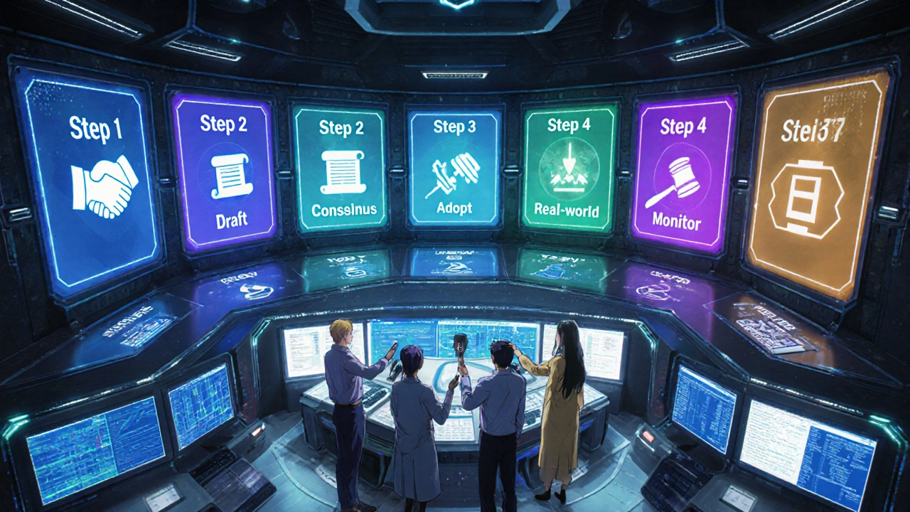 Futuristic control room shows holographic panels of the five-step ICH guideline process.