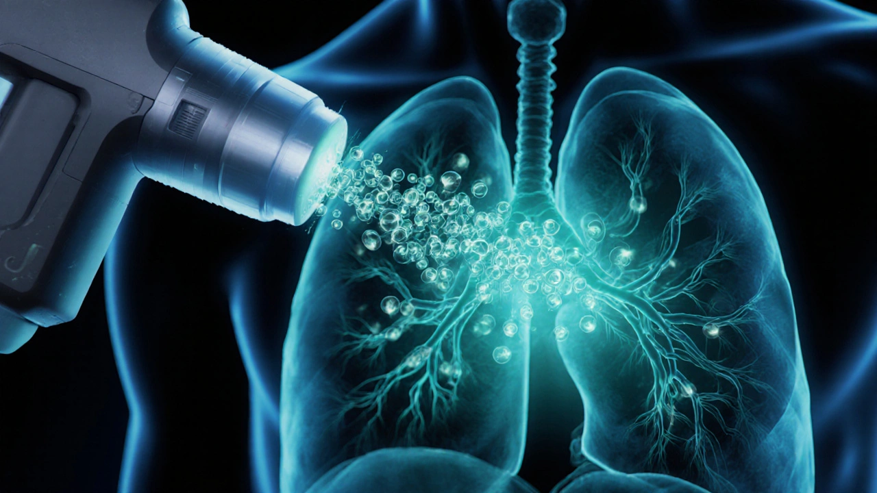 Futuristic inhaler releasing glowing nanocarriers into lung tissue illustration.