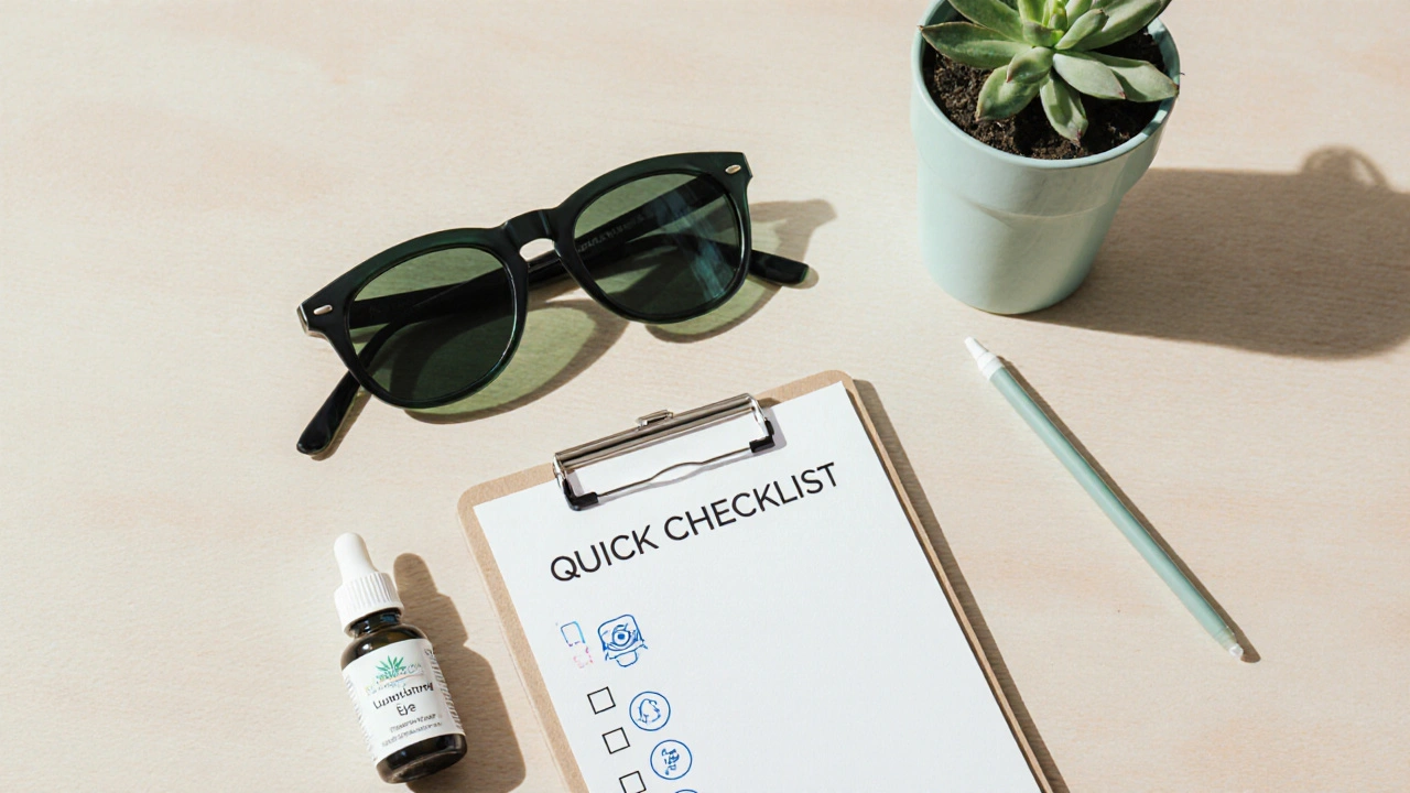 Hand holding UV sunglasses and eye drops beside a checklist.