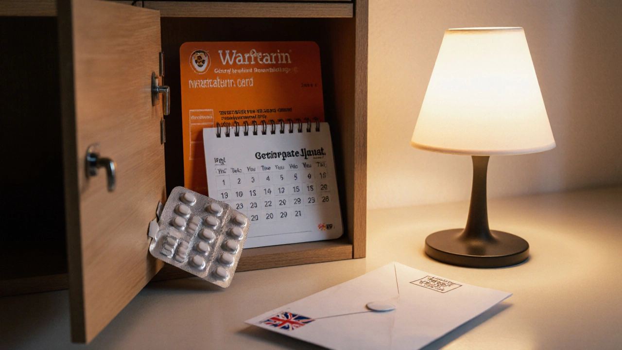 Home medicine cabinet with warfarin pack, medical alert card, and INR calendar.