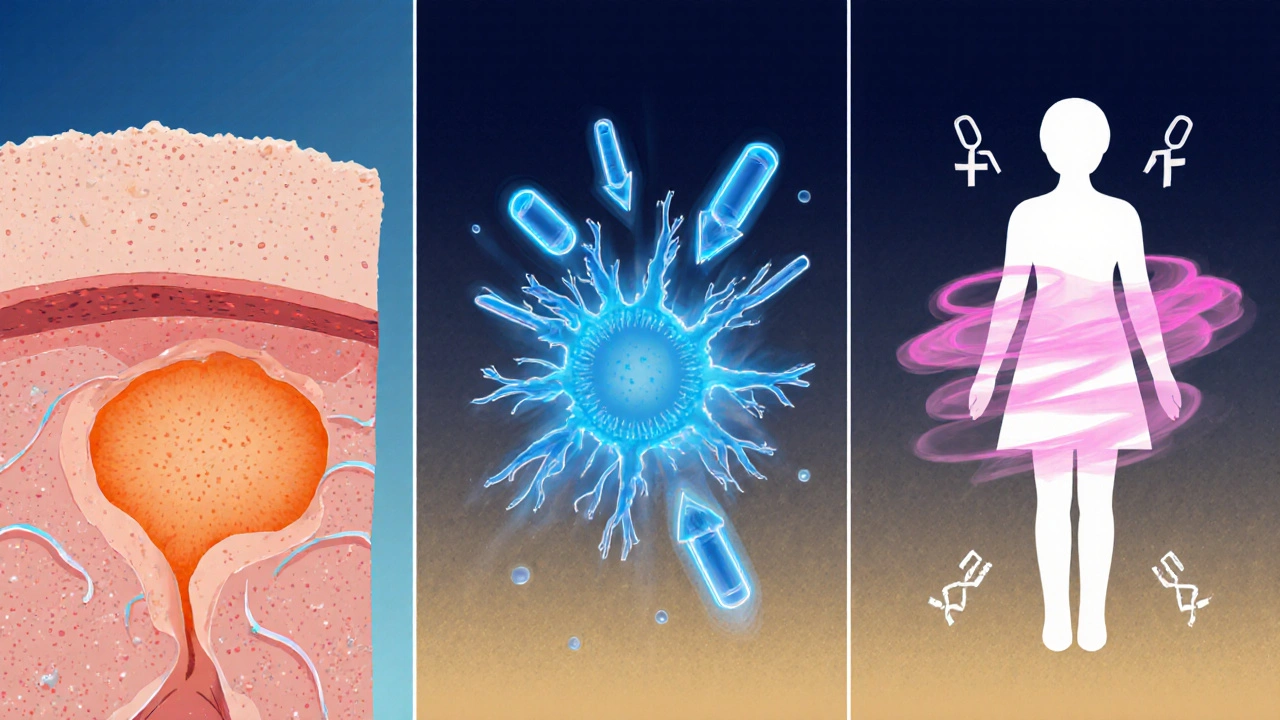 Illustration comparing isotretinoin shrinking oil glands, antibiotics killing bacteria, and spironolactone blocking hormones.