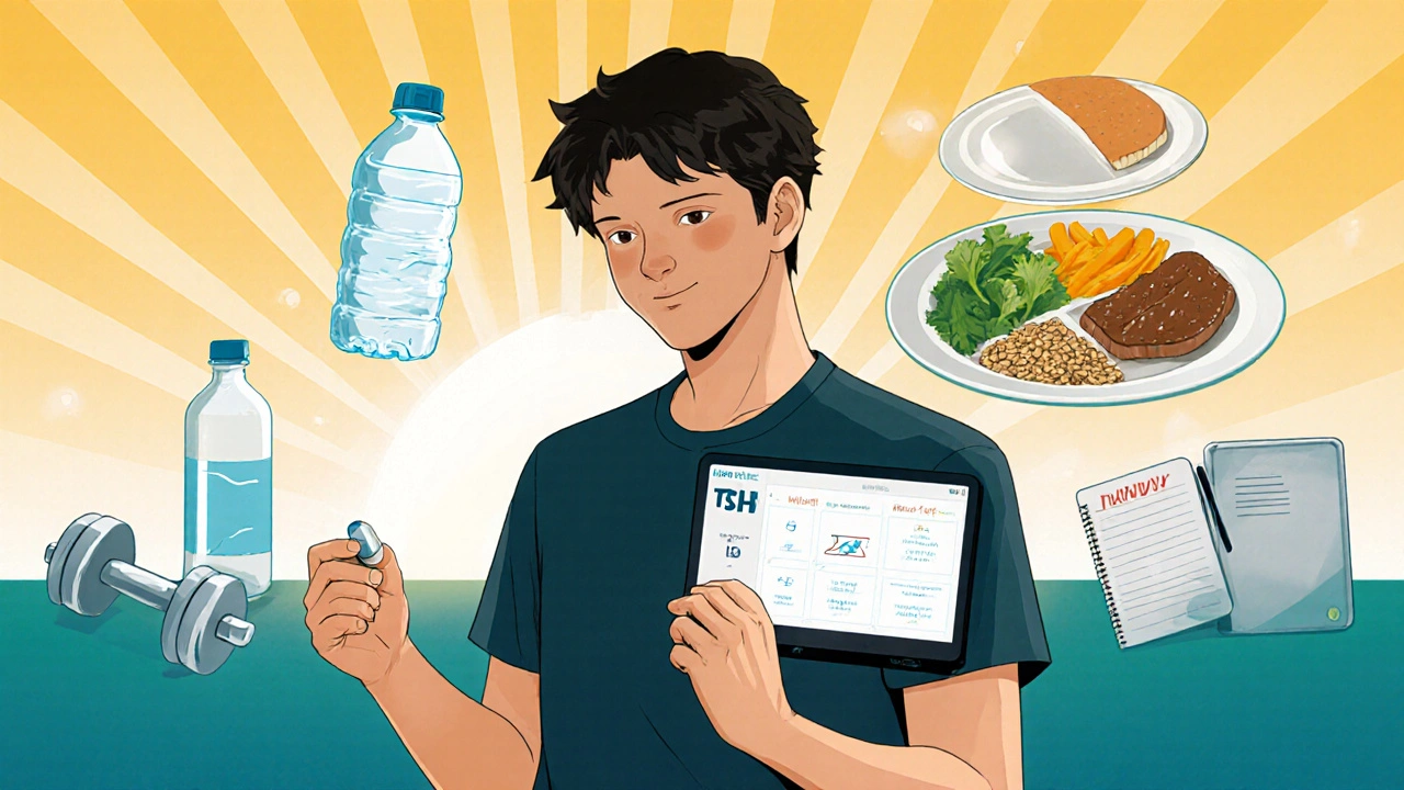 Individual managing Levothyroxine, monitoring stable levels, and practicing healthy habits.