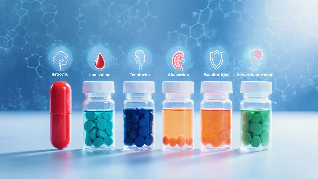 Lab bench with five NRTI pill bottles, each surrounded by icons of their primary side effects.