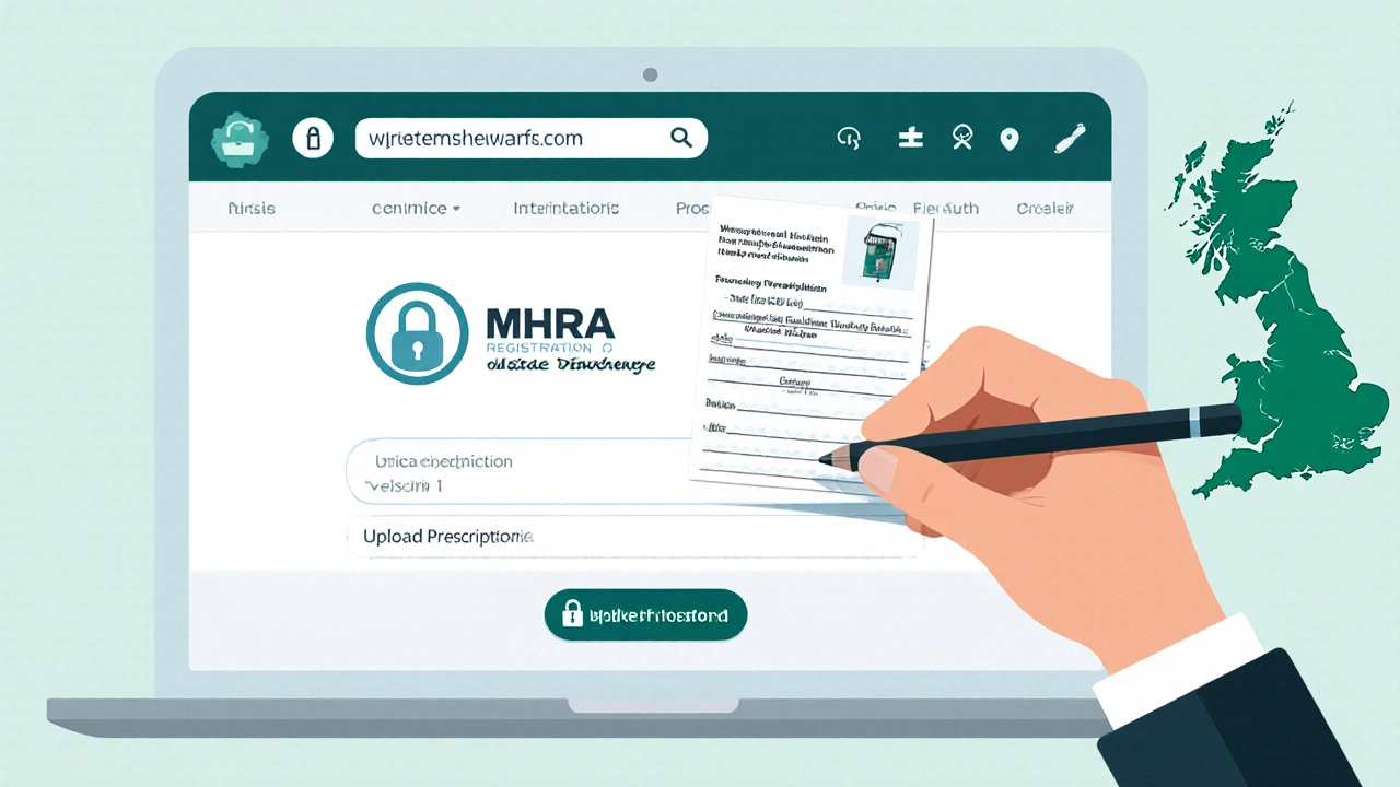 Laptop screen showing online pharmacy with MHRA number and prescription upload.