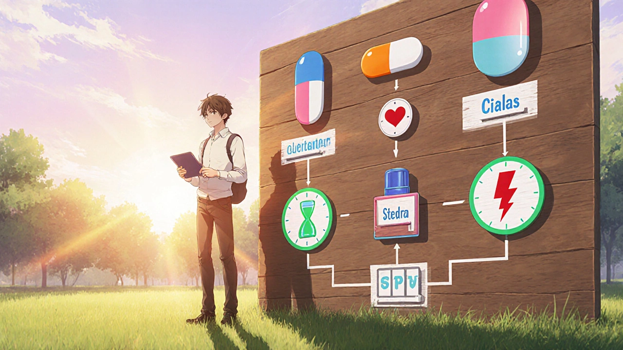 Man standing by a decision board with icons for different ED treatments at sunrise.