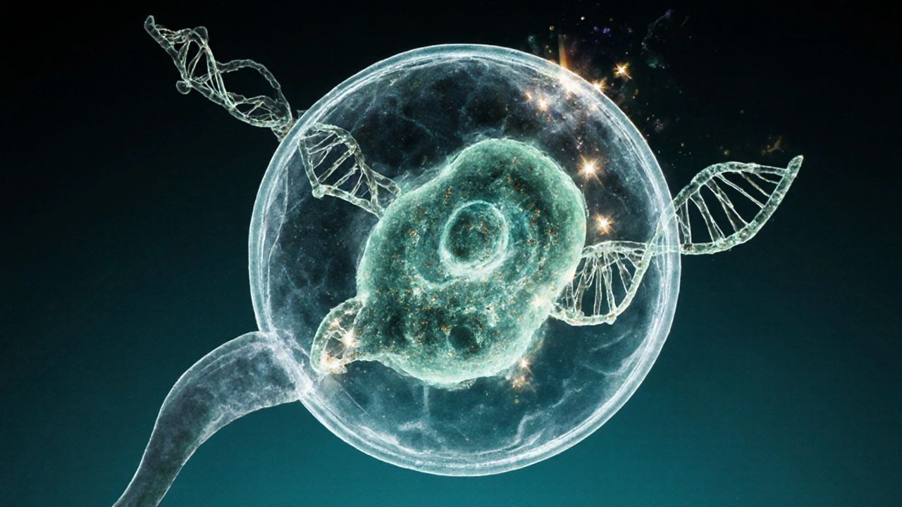Microscopic view of a protozoan cell with tinidazole molecules binding to DNA, showing cellular damage.