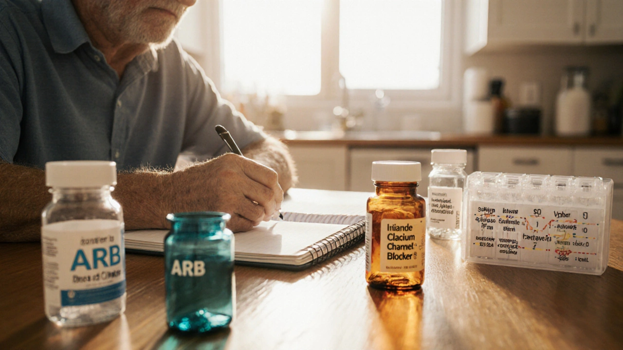 Patient at kitchen table reviewing pills and a notebook for medication choices.