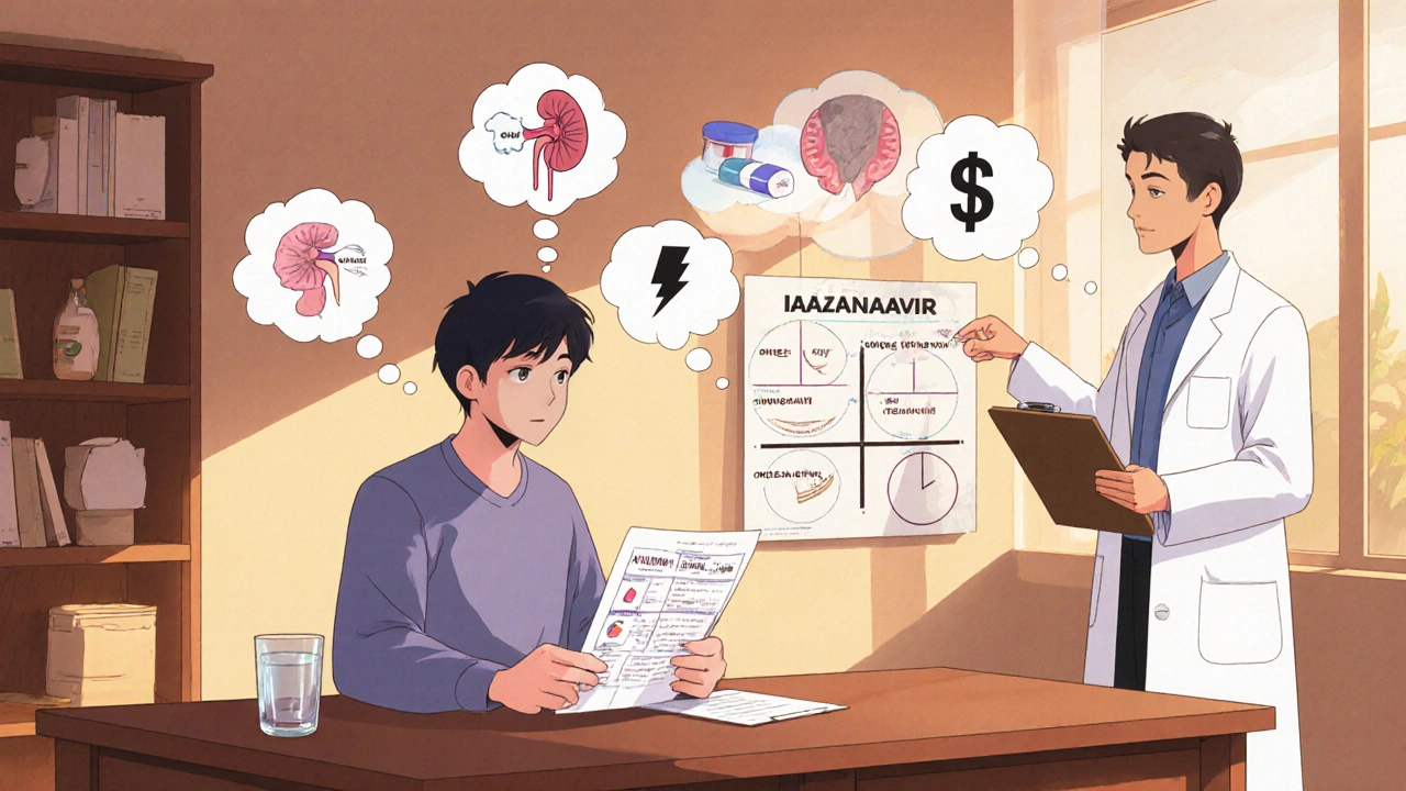 Patient reviews lab results and weighs drug options with doctor in anime style.