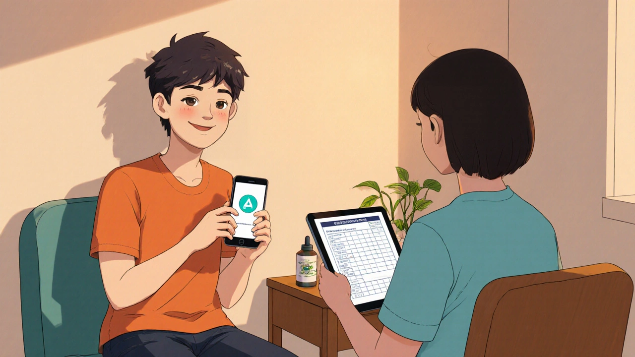 Patient smiles with phone reminder as nurse reviews chart in a warm waiting area.