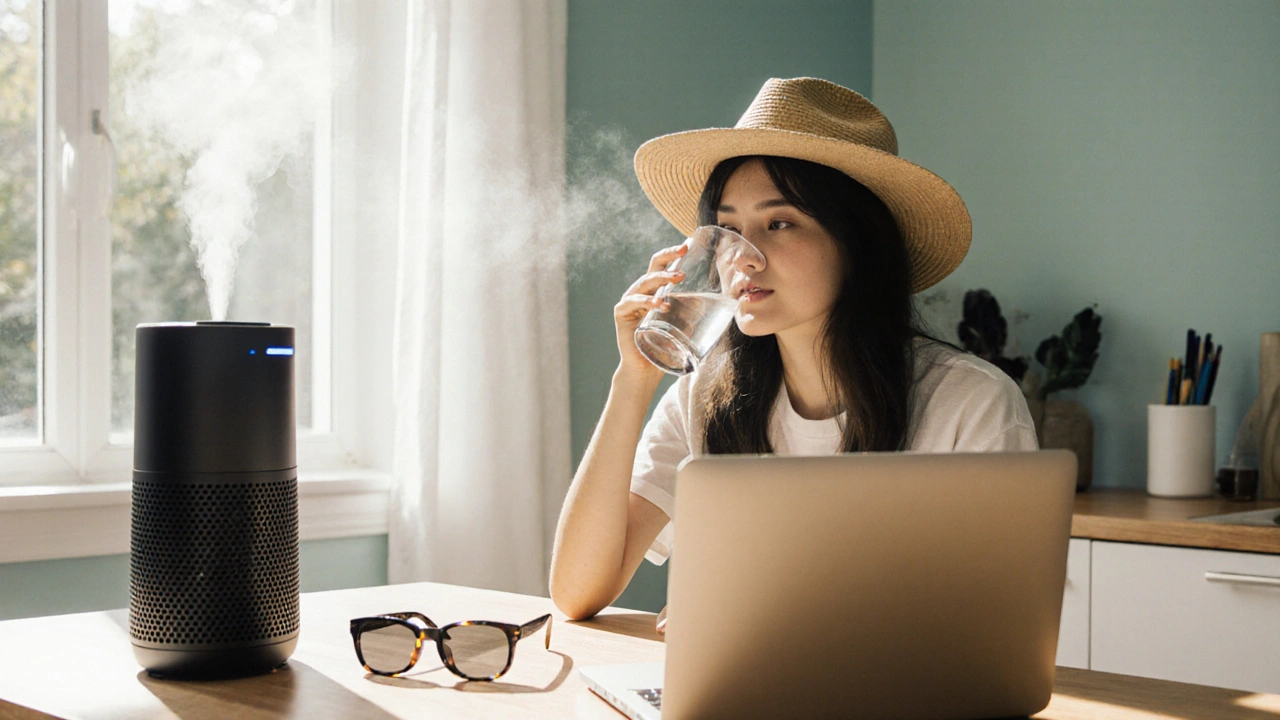 Person drinking water, using a humidifier, and wearing a hat with sunglasses nearby.