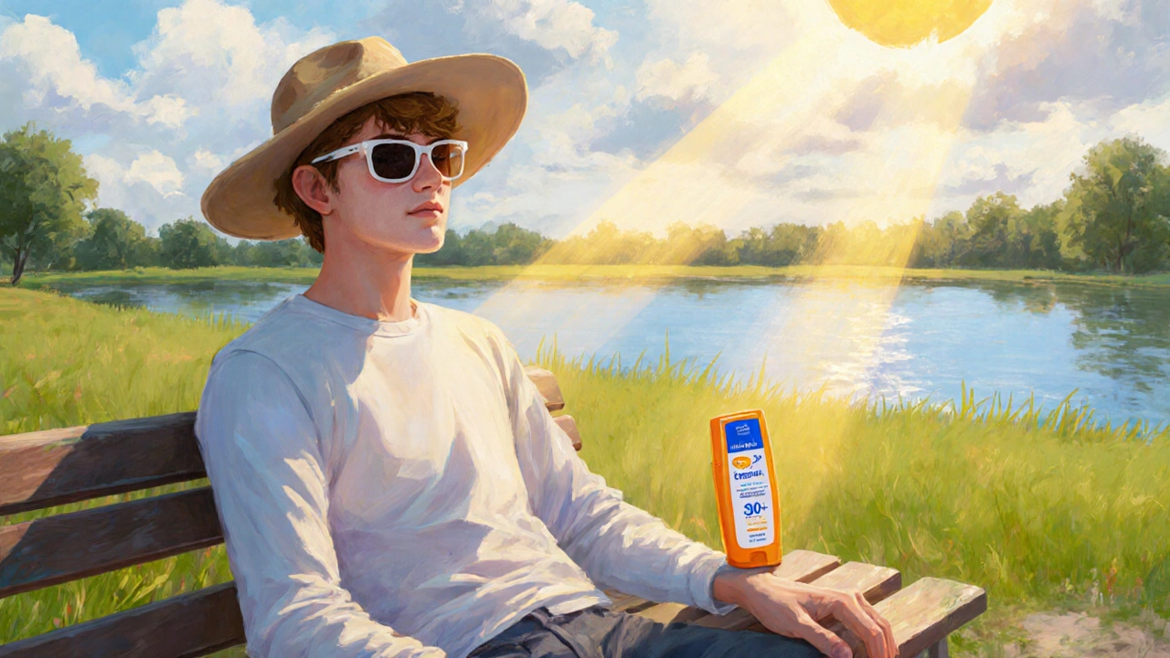 Person wearing hat, sunglasses, and sunscreen bottle on a park bench under filtered sunlight.