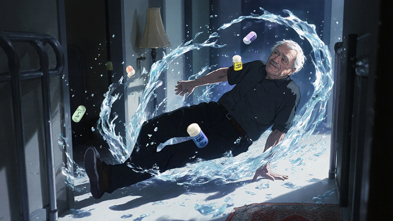 Senior man falling in hallway with medication pills and water droplets swirling around him.