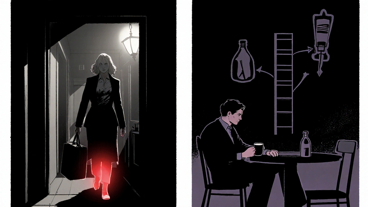 Side‑by‑side noir scenes of two patients in remission and a treatment escalation ladder.