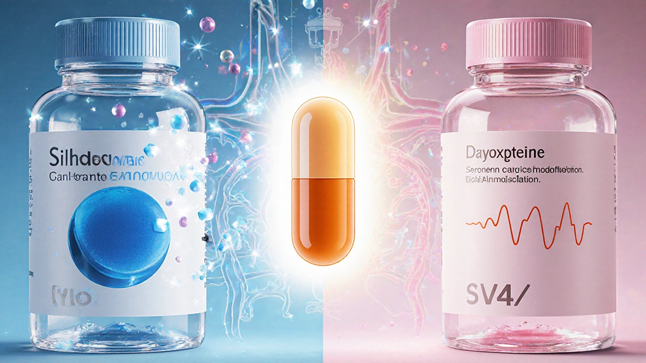 Split laboratory scene merging sildenafil and dapoxetine into a single Super Viagra pill.