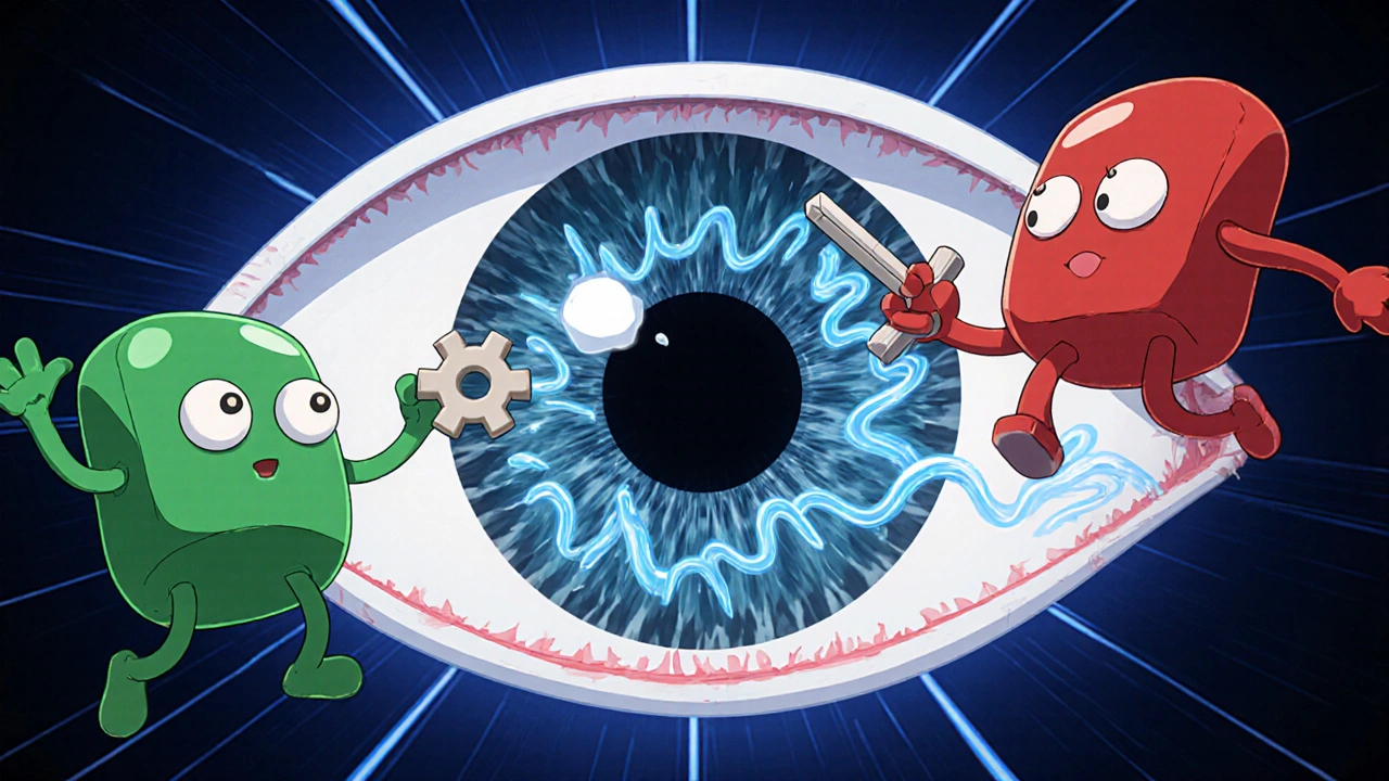 Split scene showing two characters symbolizing Dorzolamide and Timolol reducing eye fluid.