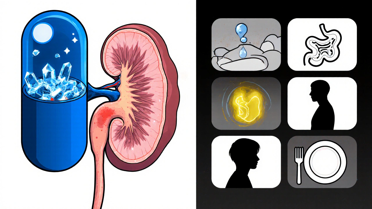 Split-screen anime panel compares Indinavir kidney stones to side effects of newer protease inhibitors.