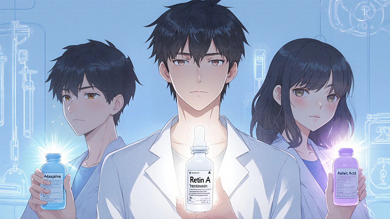 Three characters each hold a different retinoid product, showing distinct vibes.