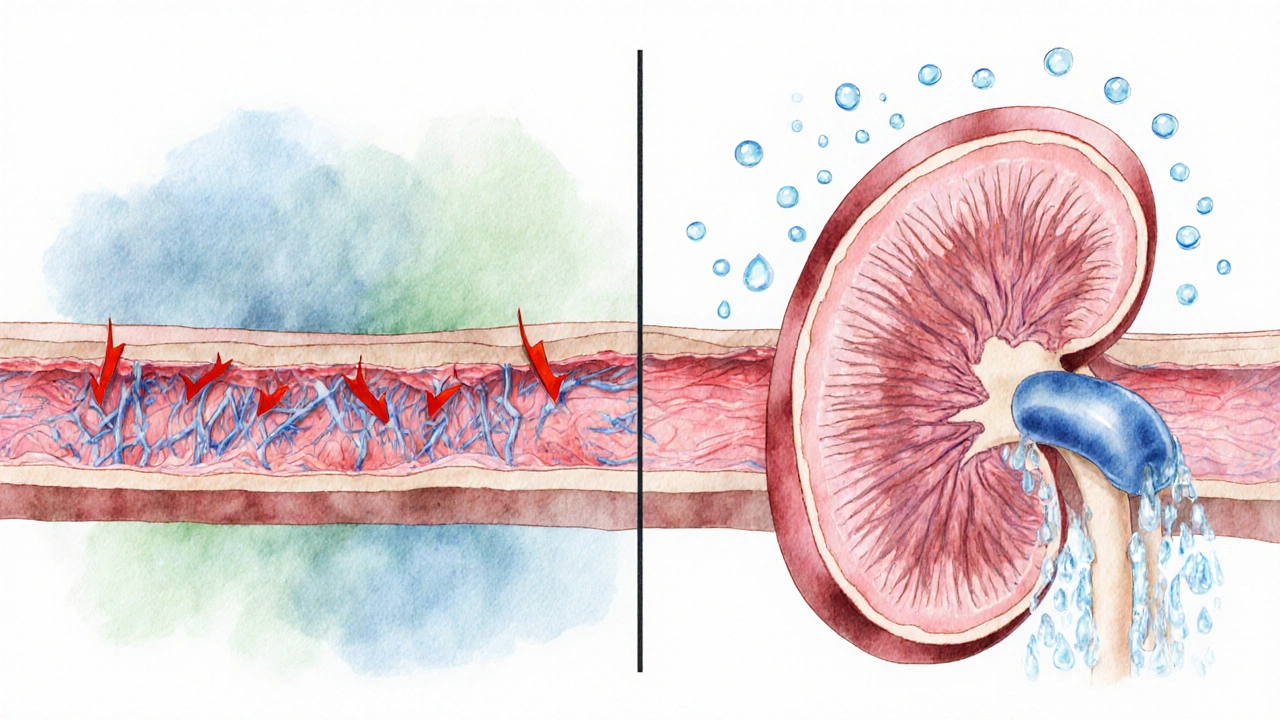 Watercolor illustration of an artery widening and a kidney excreting fluid.