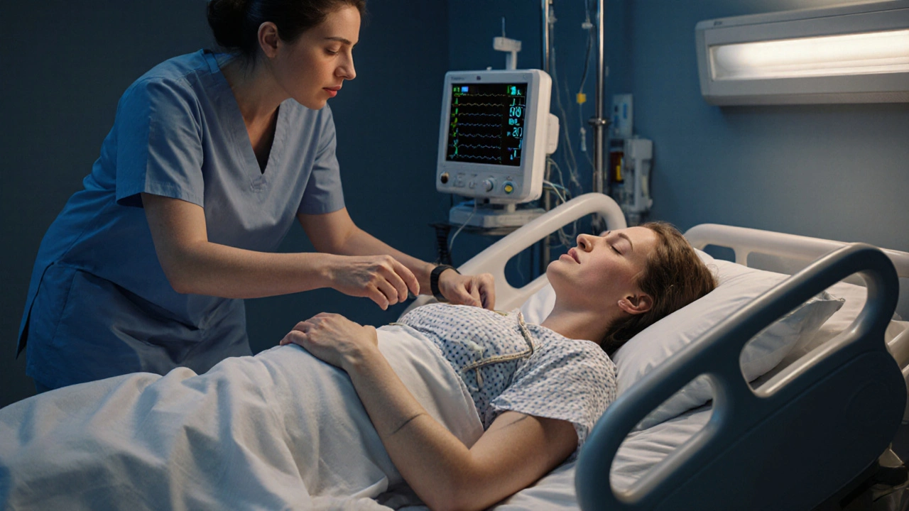 Woman in active labor on a hospital bed with monitor and partner holding her hand.