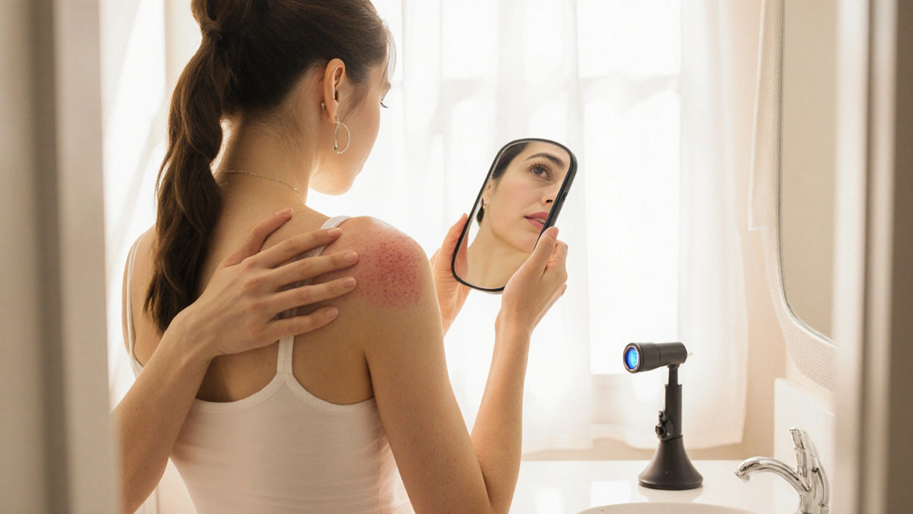Woman using a mirror and dermatoscope in a bathroom for a skin self‑exam.