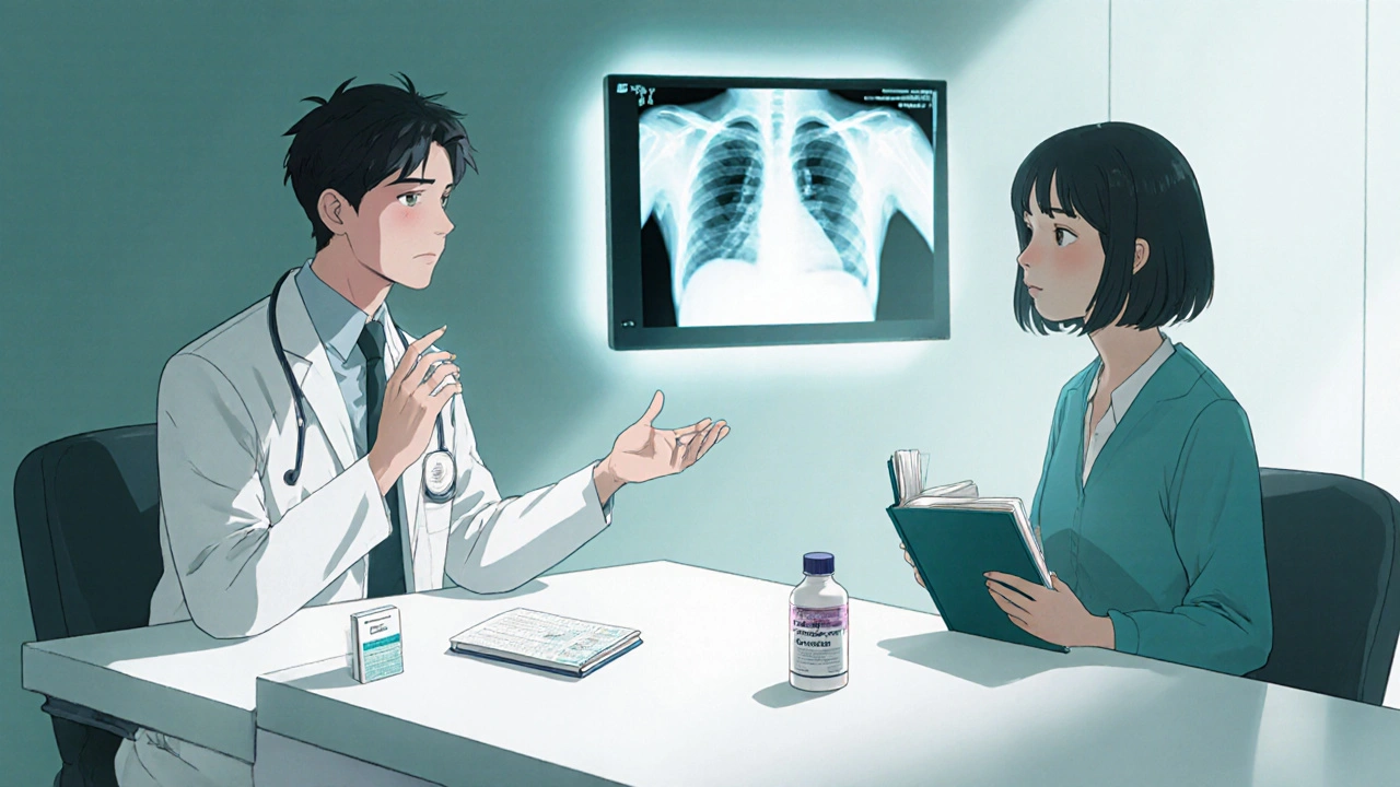 A doctor and patient discuss HRT options at a clinic, with a patch, medication, and mammogram on the table.