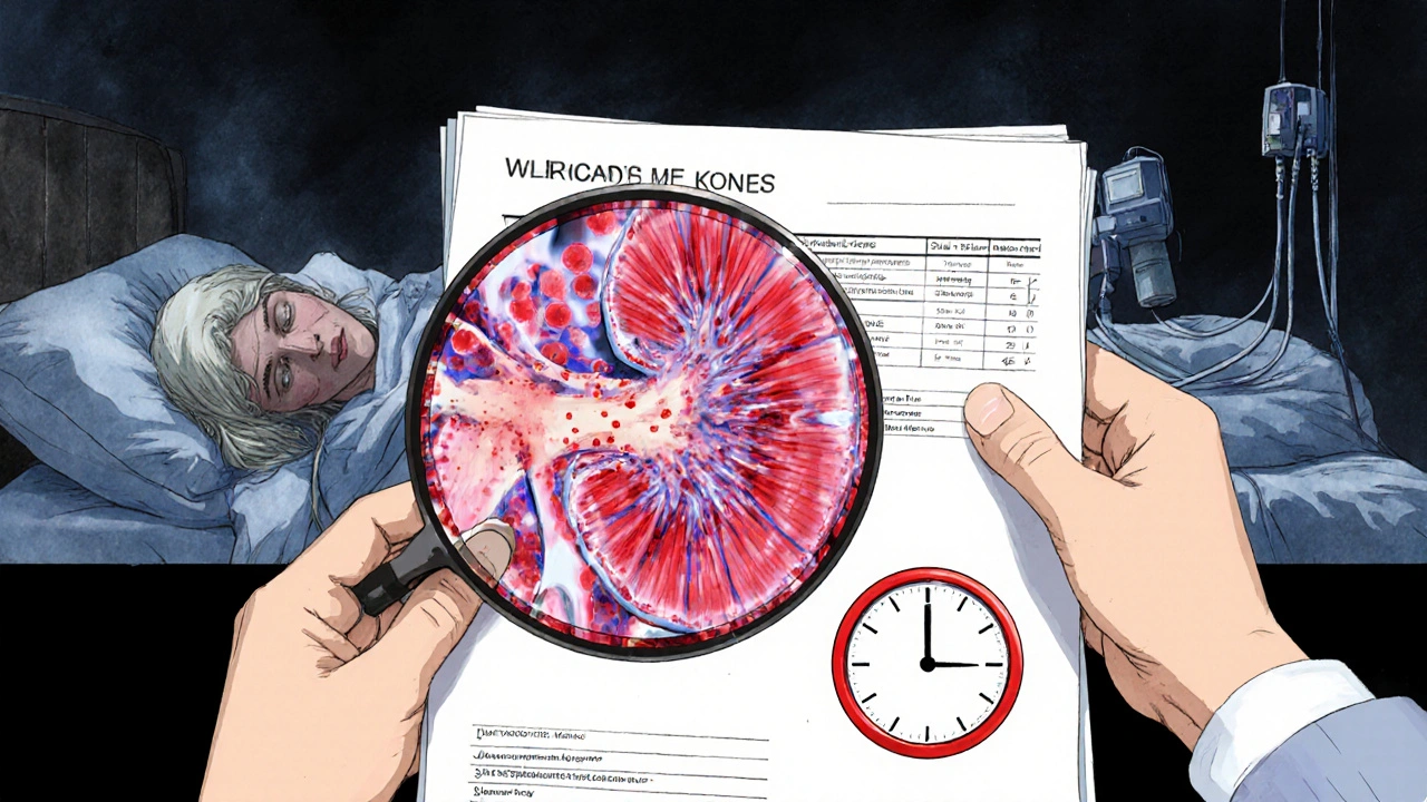 A doctor examines a kidney biopsy with immune cells flooding tubules, a ticking clock and dialysis scene in the background.