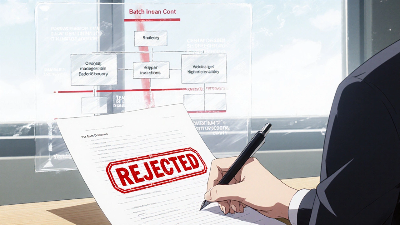 A hand stamps &#039;REJECTED&#039; on a batch document while an org chart shows separation from production.