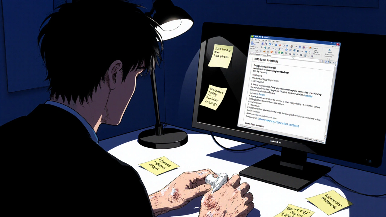 A man applying psoriasis cream at his desk at night, reflection showing a promotion email, surrounded by stress notes.