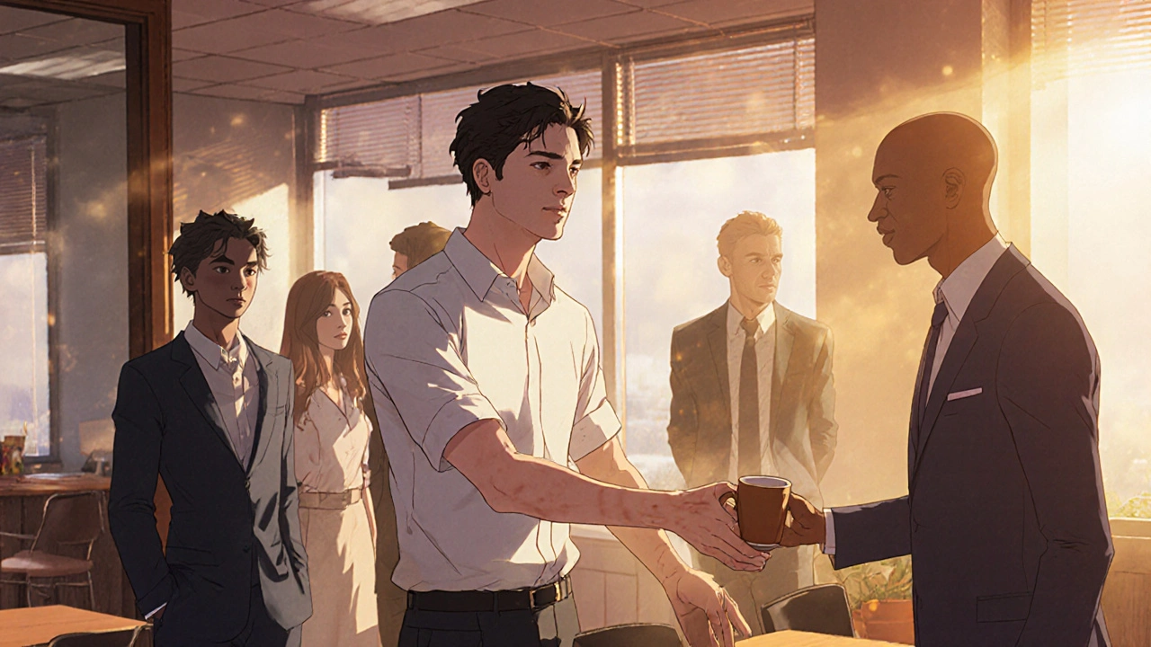 A man confidently wearing short sleeves at work, smiling as he shares coffee, with a fading image of his past self in the background.