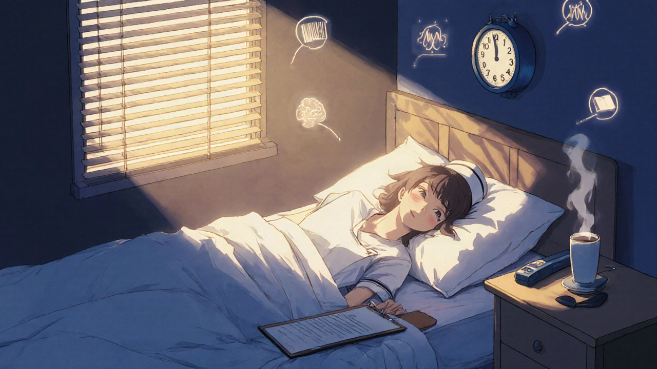 A nurse napping on a bed with a timer and scanner nearby, morning light filtering through blinds.