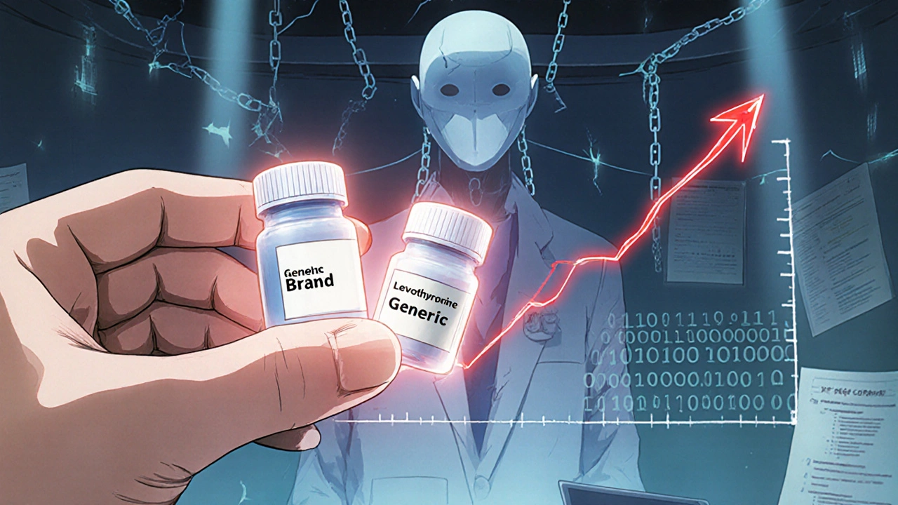 A patient&#039;s hand holding two pills as a rising TSH graph and an AI algorithm loom nearby.