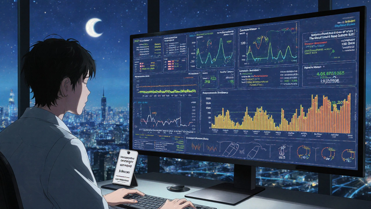 A remote auditor monitors real-time plant data on a digital dashboard at night.