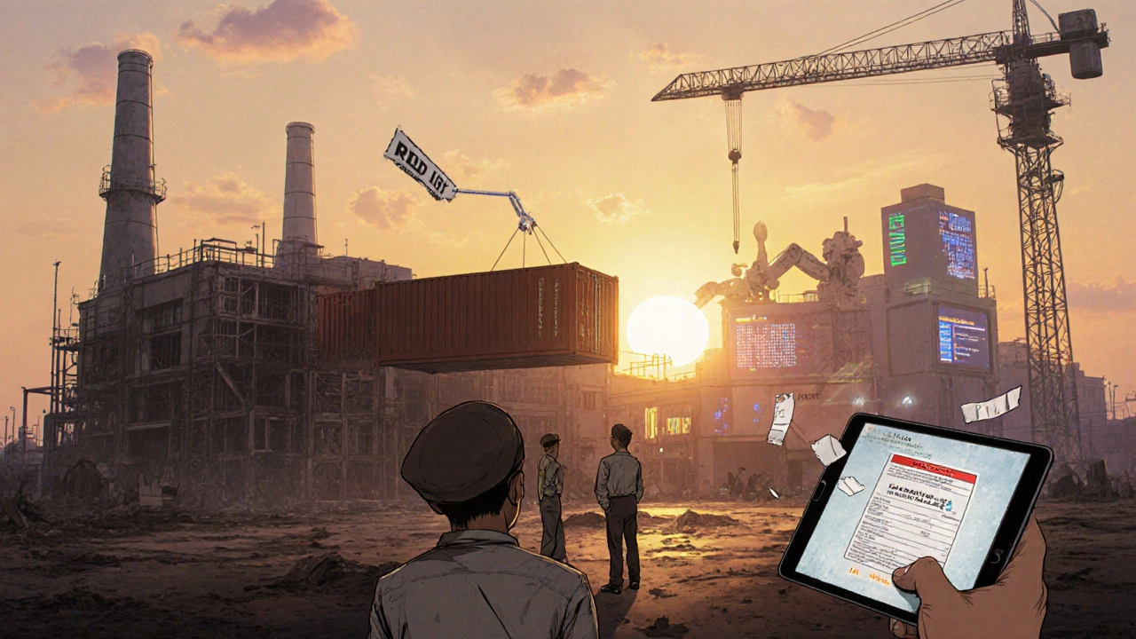 Abandoned factory with Red List notice on tablet as new compliant facility rises in sunrise background.