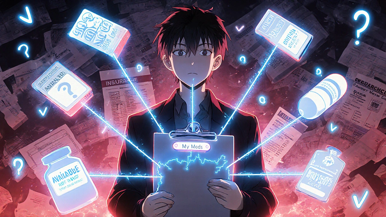 Abstract web of connections showing which medications are available online, unavailable, or cheaper with insurance.